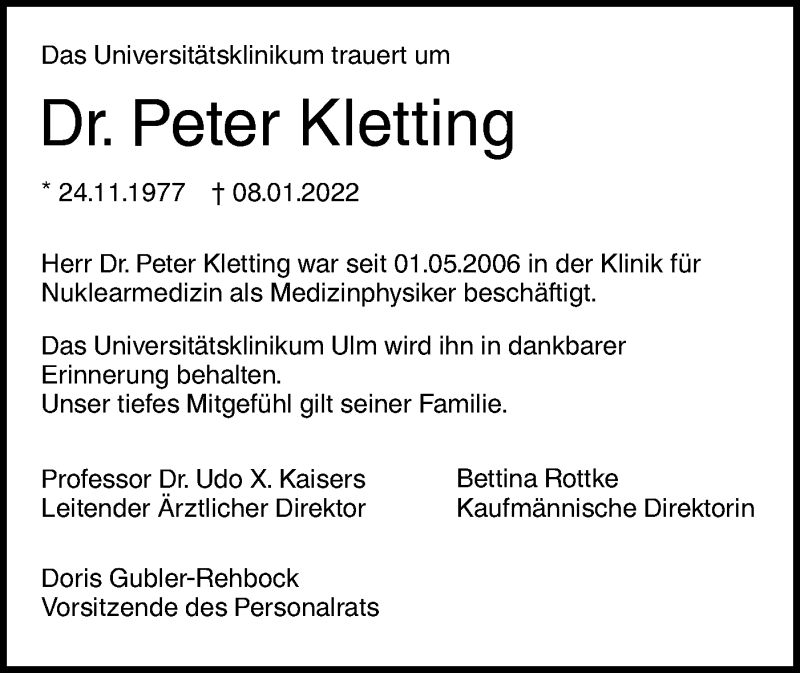  Traueranzeige für Peter Kletting vom 27.01.2022 aus SÜDWEST PRESSE Ausgabe Ulm/Neu-Ulm