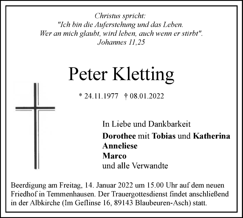  Traueranzeige für Peter Kletting vom 12.01.2022 aus SÜDWEST PRESSE Ausgabe Ulm/Neu-Ulm