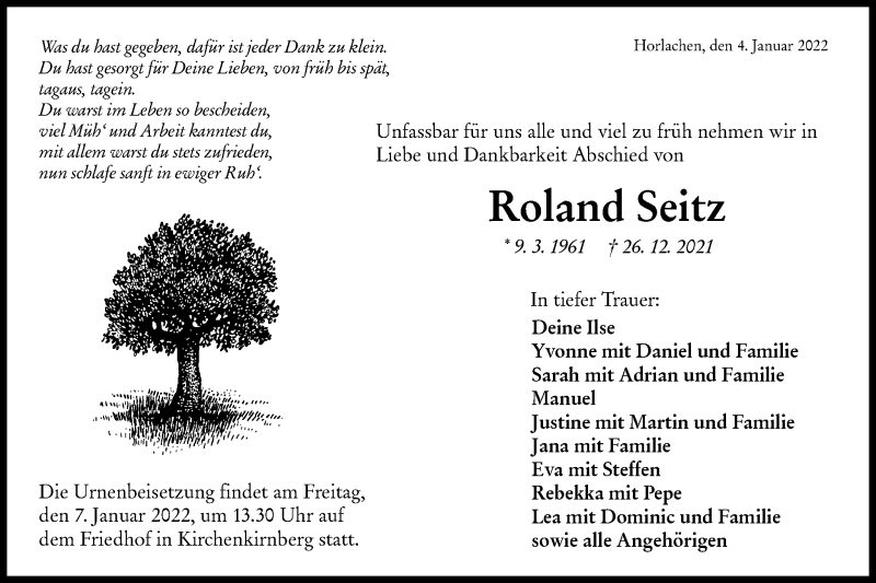  Traueranzeige für Roland Seitz vom 03.01.2022 aus Rundschau Gaildorf