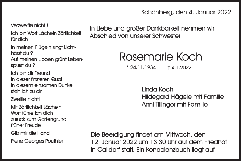  Traueranzeige für Rosemarie Koch vom 08.01.2022 aus Rundschau Gaildorf