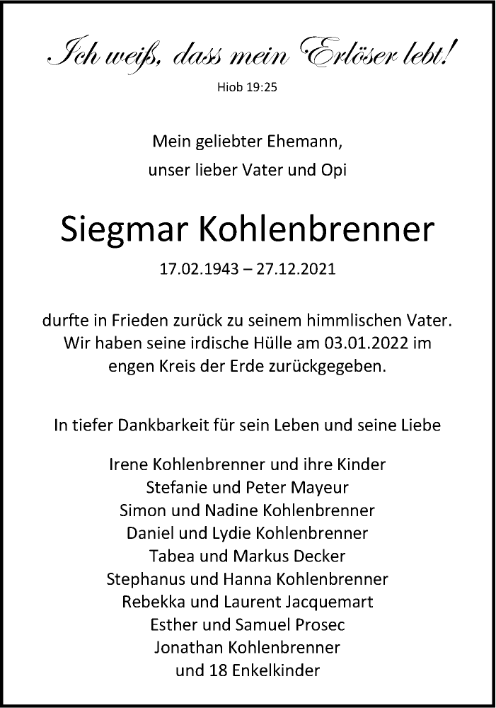  Traueranzeige für Siegmar Kohlenbrenner vom 15.01.2022 aus NWZ Neue Württembergische Zeitung