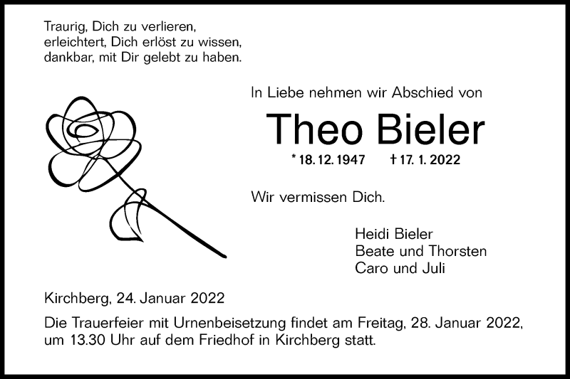  Traueranzeige für Theo Bieler vom 25.01.2022 aus Hohenloher Tagblatt