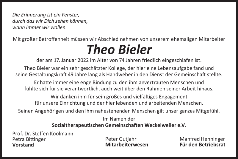  Traueranzeige für Theo Bieler vom 27.01.2022 aus Hohenloher Tagblatt
