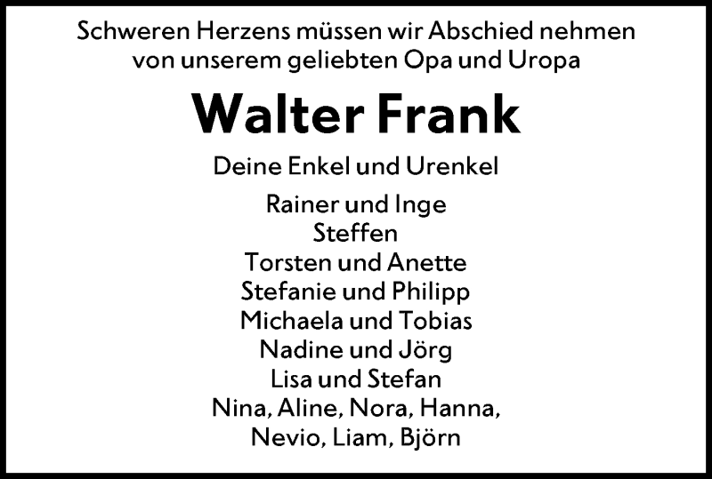  Traueranzeige für Walter Frank vom 27.01.2022 aus SÜDWEST PRESSE Ausgabe Ulm/Neu-Ulm