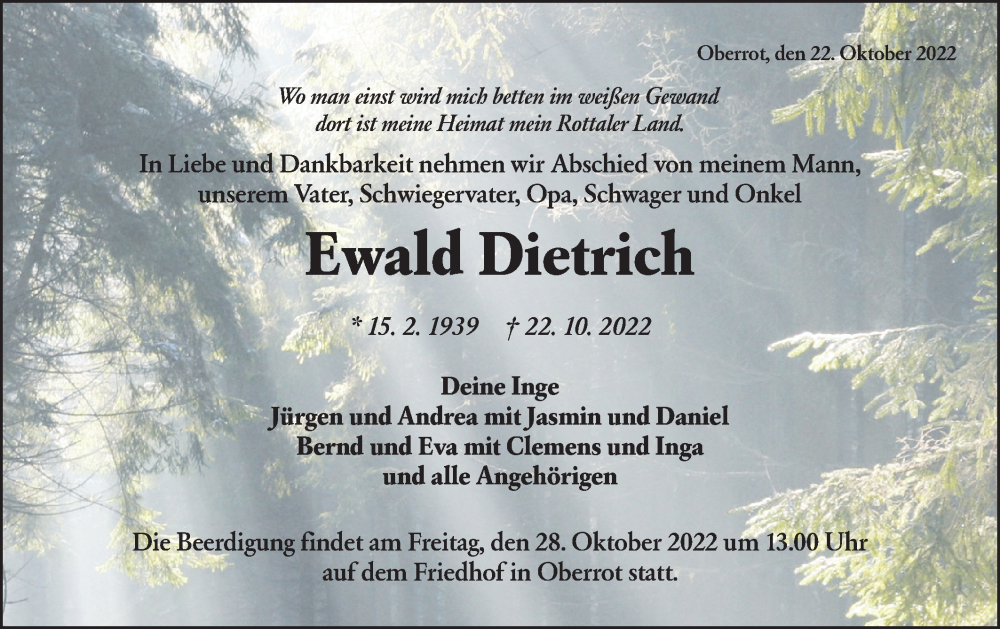  Traueranzeige für Ewald Dietrich vom 26.10.2022 aus Rundschau Gaildorf