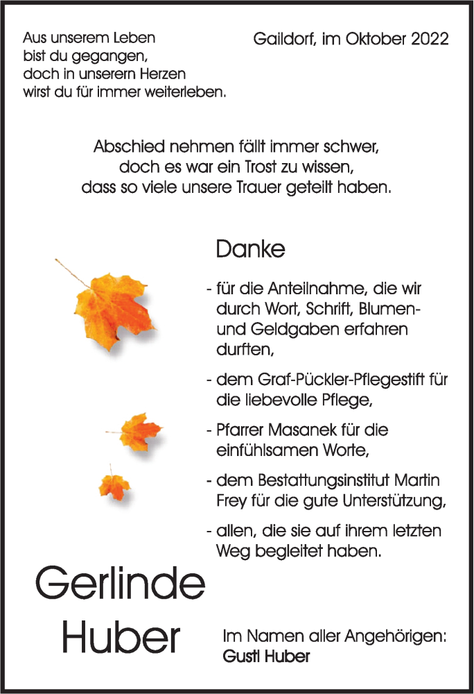  Traueranzeige für Gerlinde Huber vom 15.10.2022 aus Rundschau Gaildorf