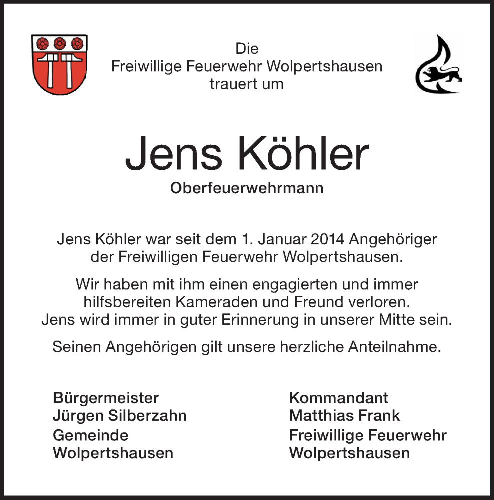  Traueranzeige für Jens Köhler vom 29.10.2022 aus Haller Tagblatt
