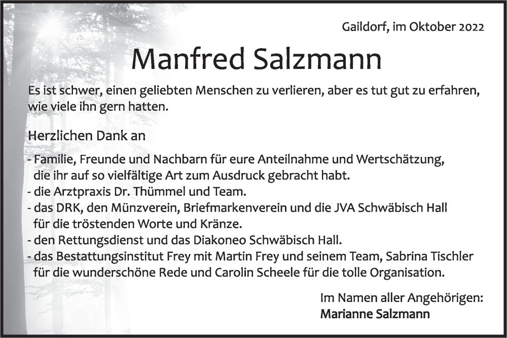  Traueranzeige für Manfred Salzmann vom 07.10.2022 aus Rundschau Gaildorf