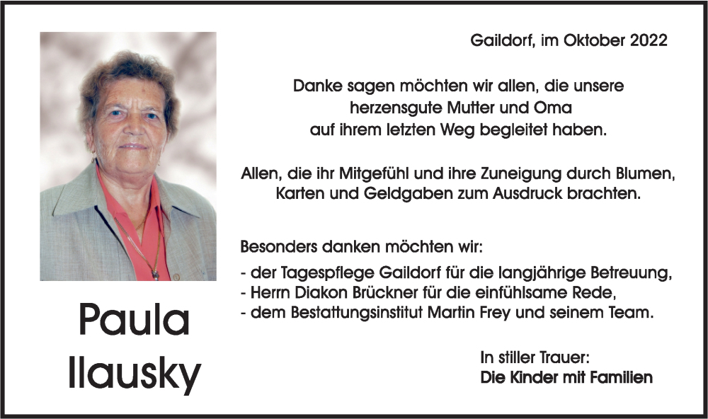  Traueranzeige für Paula Ilausky vom 15.10.2022 aus Rundschau Gaildorf