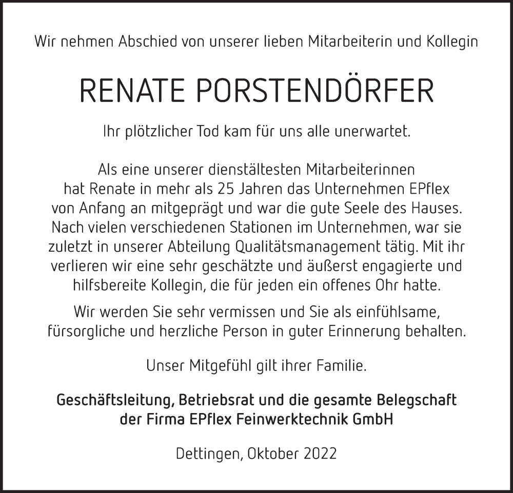  Traueranzeige für Renate Porstendörfer vom 22.10.2022 aus Metzinger-Uracher Volksblatt