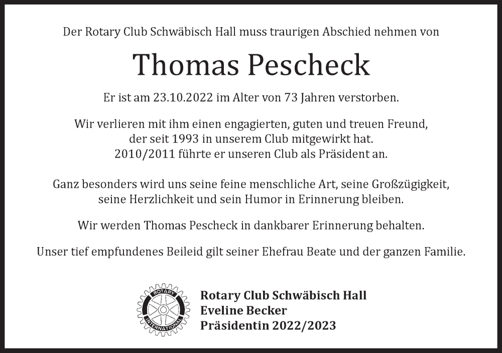  Traueranzeige für Thomas Pescheck vom 27.10.2022 aus Haller Tagblatt