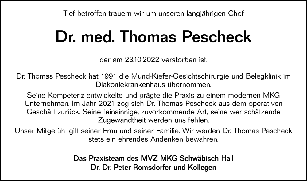  Traueranzeige für Thomas Pescheck vom 29.10.2022 aus Rundschau Gaildorf