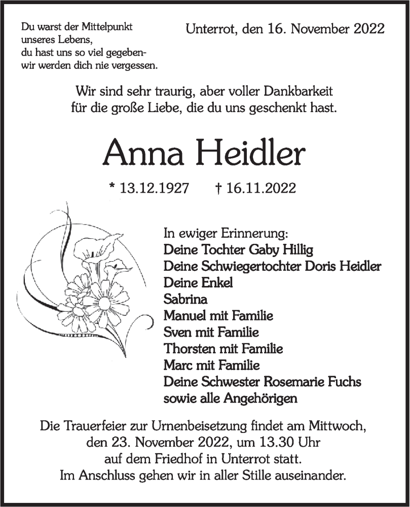  Traueranzeige für Anna Heidler vom 19.11.2022 aus Rundschau Gaildorf