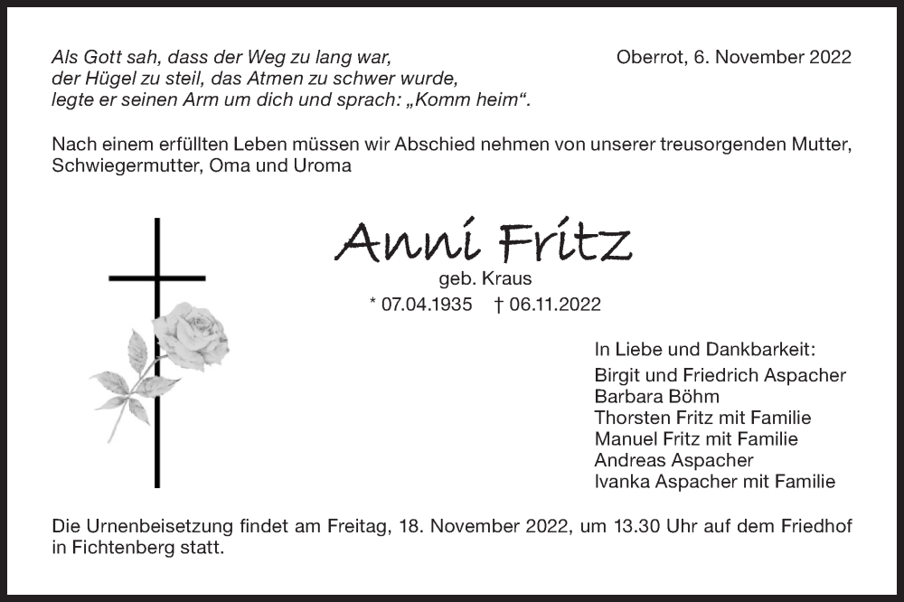  Traueranzeige für Anni Fritz vom 15.11.2022 aus Rundschau Gaildorf