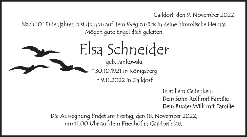 Traueranzeige für Elsa Schneider vom 18.11.2022 aus Haller Tagblatt
