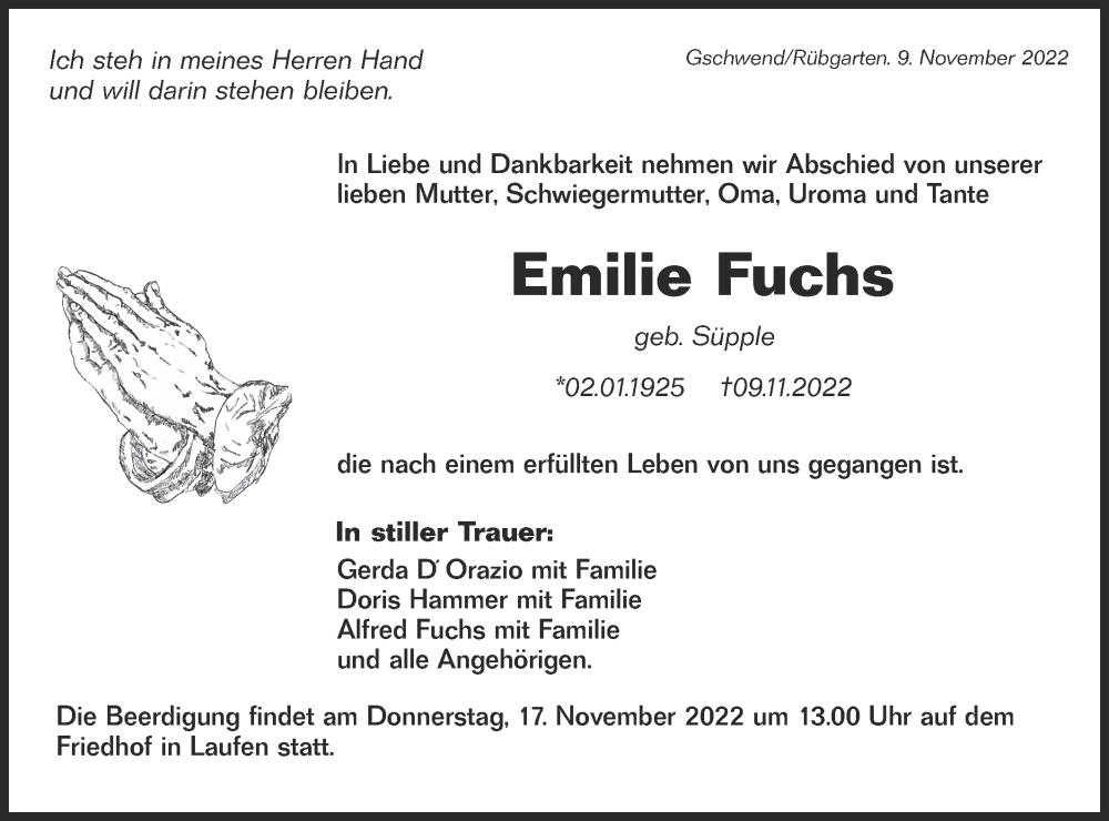  Traueranzeige für Emilie Fuchs vom 15.11.2022 aus Rundschau Gaildorf