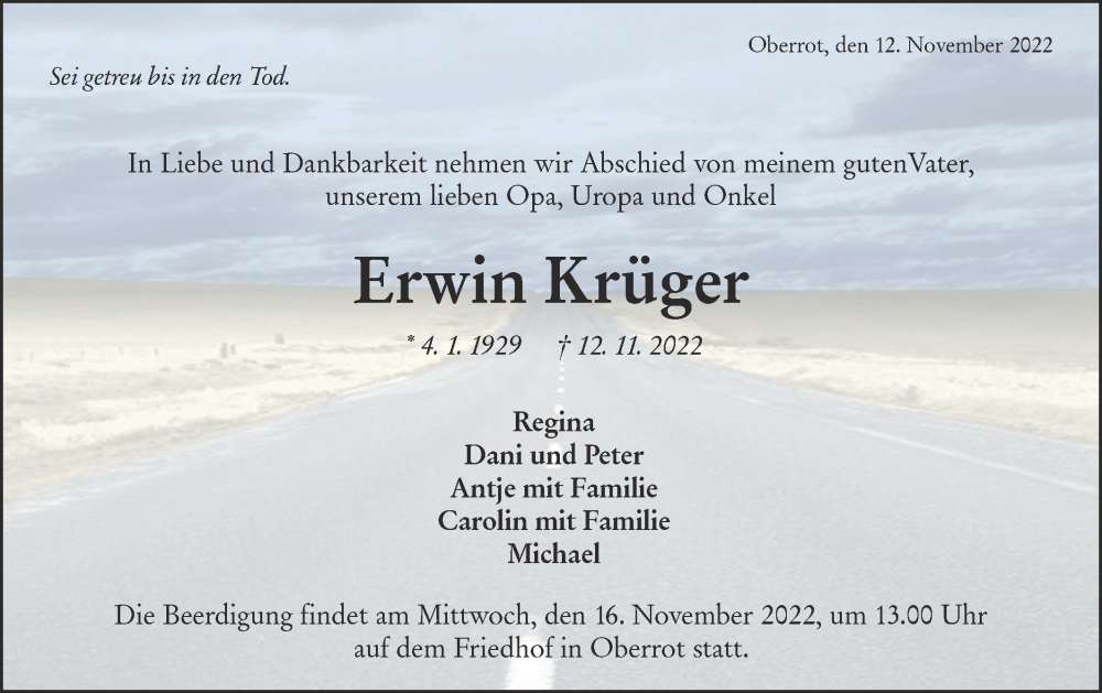  Traueranzeige für Erwin Krüger vom 15.11.2022 aus Rundschau Gaildorf
