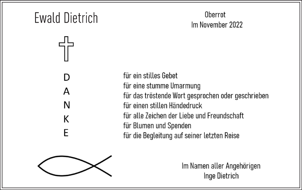  Traueranzeige für Ewald Dietrich vom 19.11.2022 aus Rundschau Gaildorf