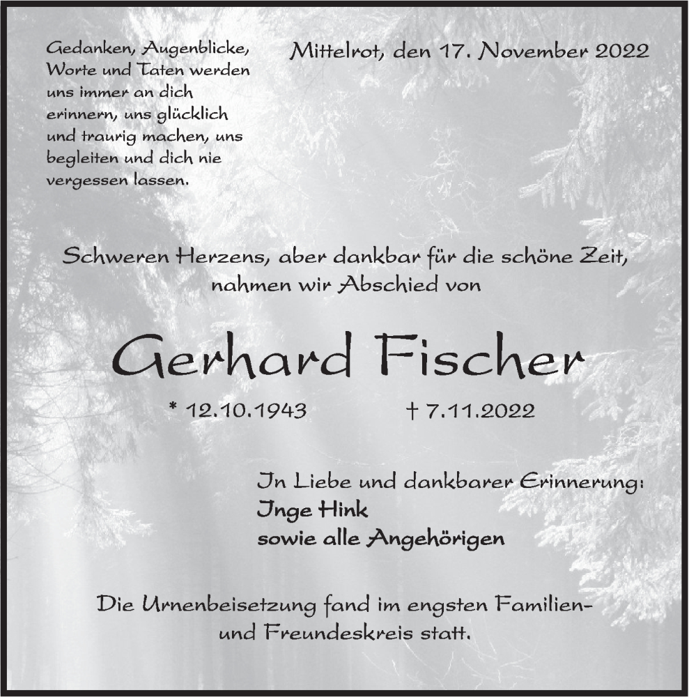 Traueranzeige für Gerhard Fischer vom 18.11.2022 aus Rundschau Gaildorf