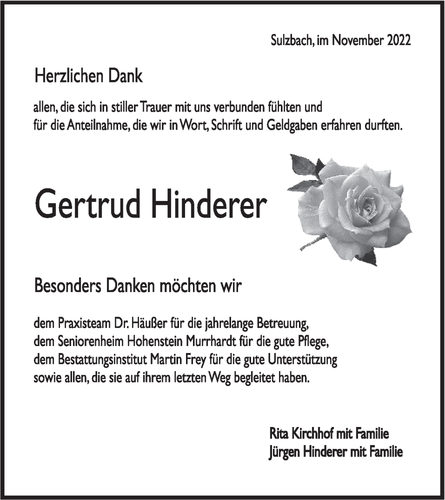  Traueranzeige für Gertrud Hinderer vom 26.11.2022 aus Rundschau Gaildorf