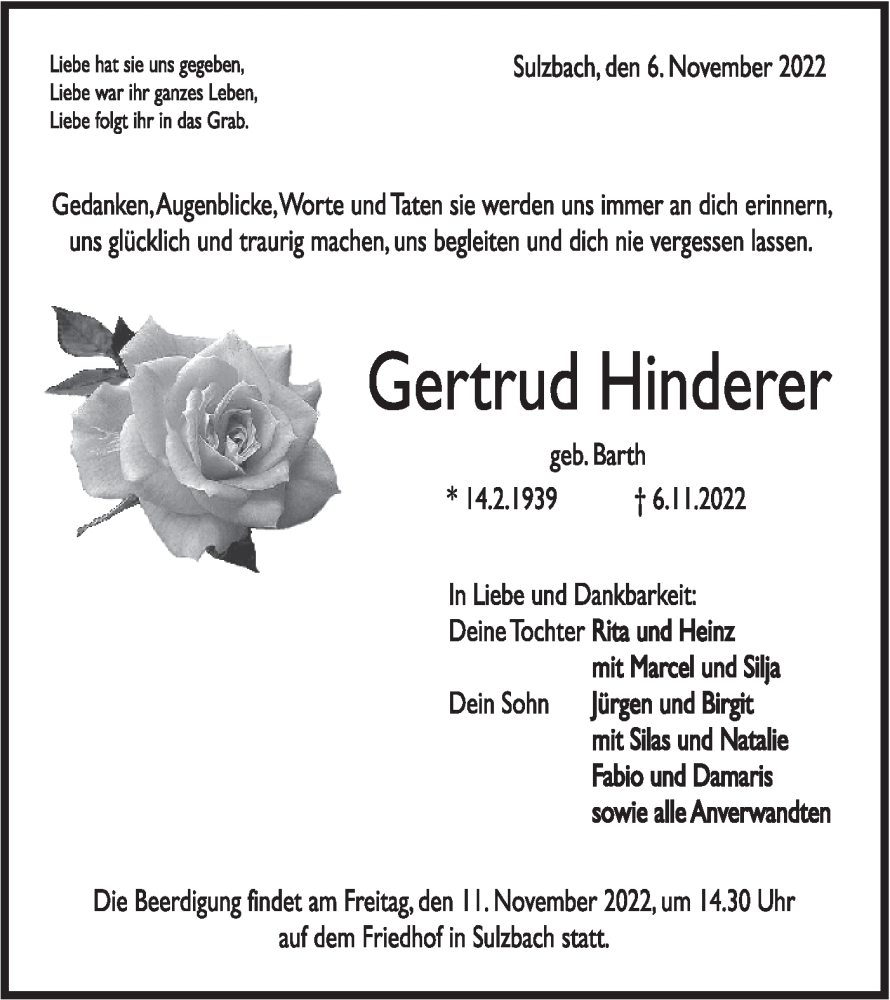  Traueranzeige für Gertrud Hinderer vom 09.11.2022 aus Rundschau Gaildorf