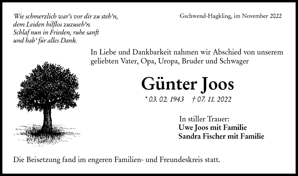  Traueranzeige für Günter Joos vom 16.11.2022 aus Rundschau Gaildorf