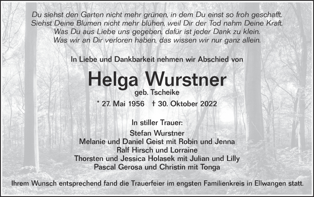  Traueranzeige für Helga Wurstner vom 12.11.2022 aus Rundschau Gaildorf