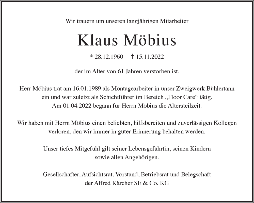  Traueranzeige für Klaus Möbius vom 23.11.2022 aus Haller Tagblatt/Rundschau Gaildorf/Hohenloher Tagblatt