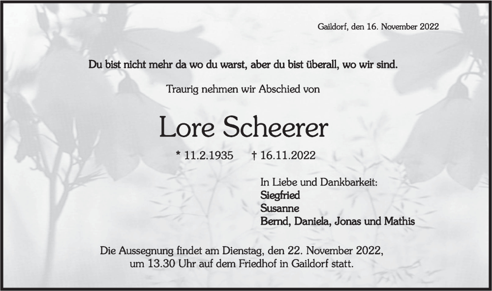  Traueranzeige für Lore Scheerer vom 19.11.2022 aus Rundschau Gaildorf