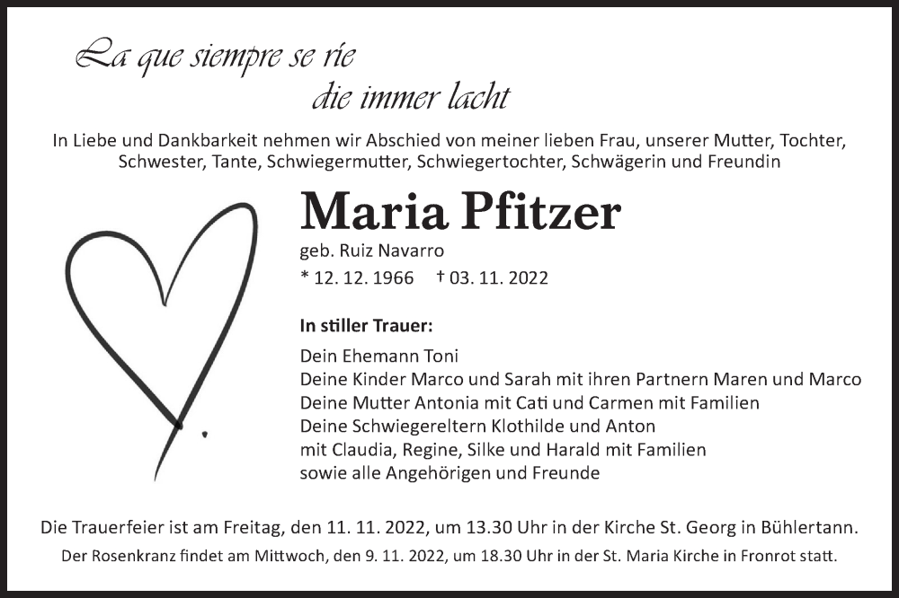  Traueranzeige für Maria Pfitzer vom 09.11.2022 aus Haller Tagblatt