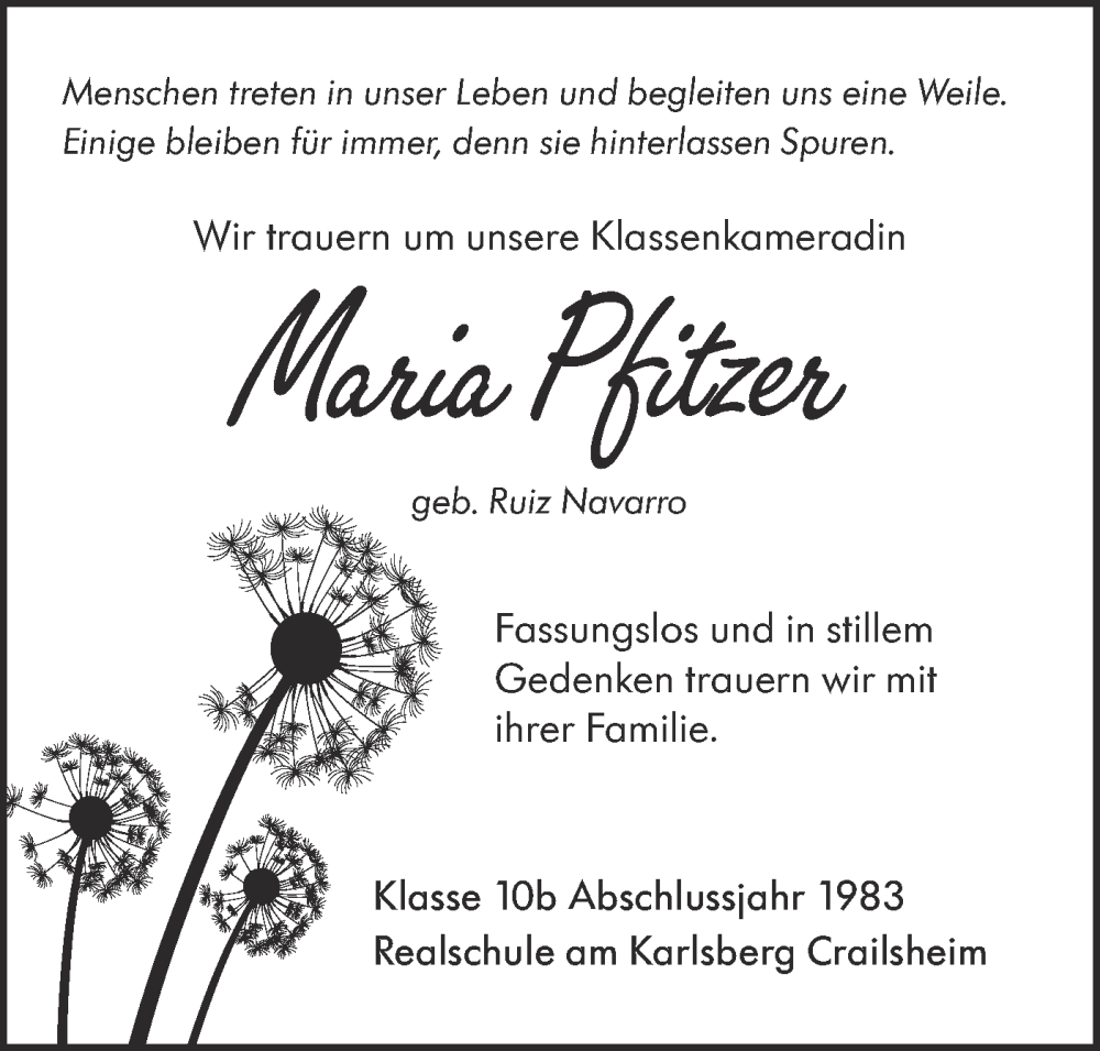  Traueranzeige für Maria Pfitzer vom 15.11.2022 aus Haller Tagblatt