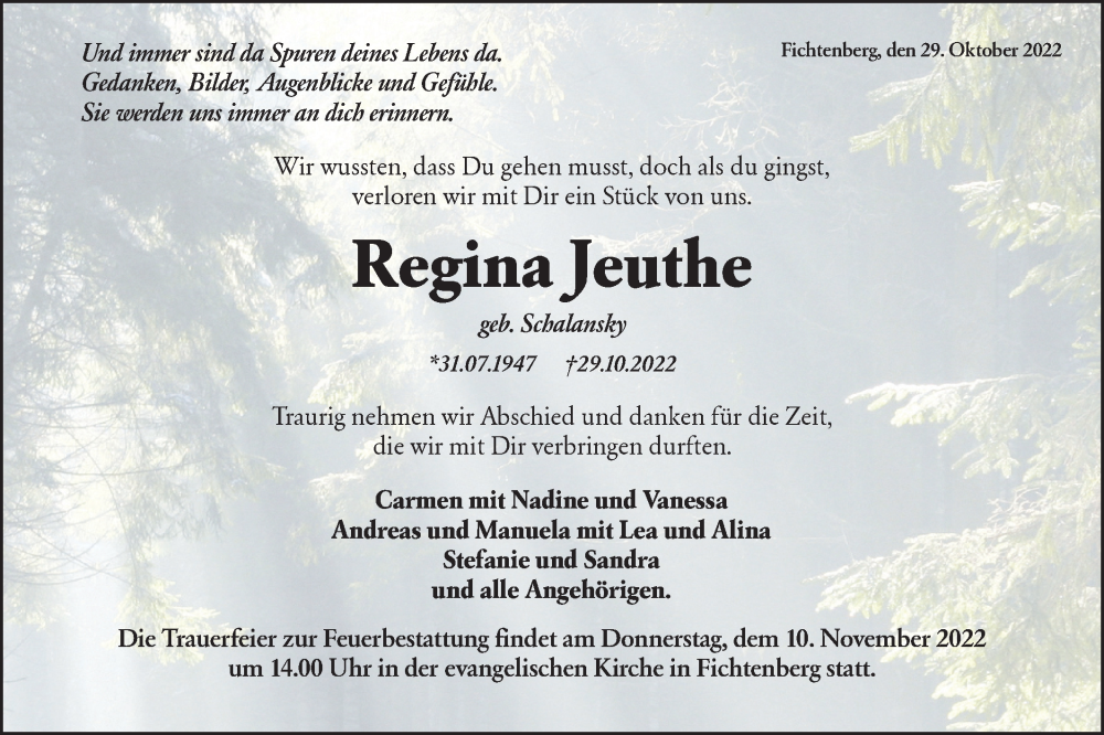  Traueranzeige für Regina Jeuthe vom 08.11.2022 aus Rundschau Gaildorf