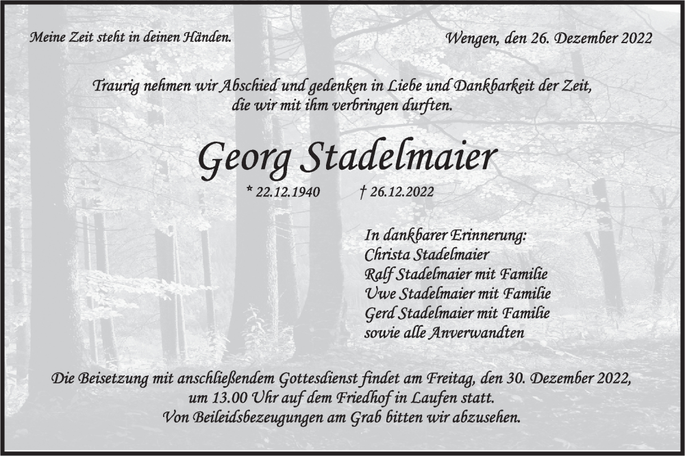  Traueranzeige für Georg Stadelmaier vom 29.12.2022 aus Rundschau Gaildorf