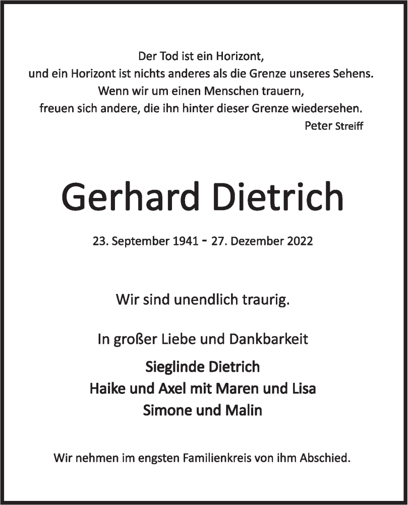  Traueranzeige für Gerhard Dietrich vom 31.12.2022 aus Rundschau Gaildorf