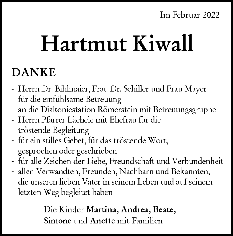  Traueranzeige für Hartmut Kiwall vom 18.02.2022 aus Alb-Bote/Metzinger-Uracher Volksblatt