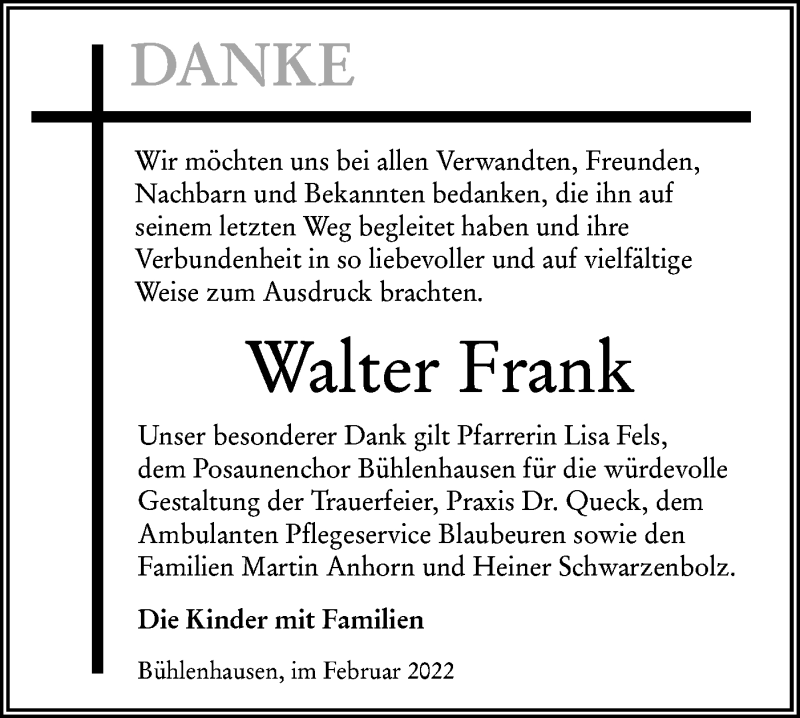  Traueranzeige für Walter Frank vom 10.02.2022 aus SÜDWEST PRESSE Ausgabe Ulm/Neu-Ulm