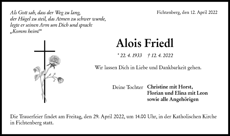  Traueranzeige für Alois Friedl vom 27.04.2022 aus Rundschau Gaildorf