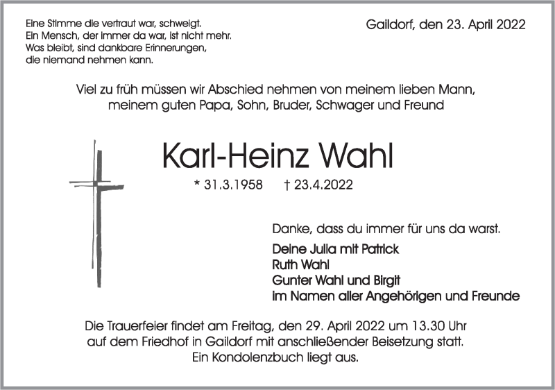  Traueranzeige für Karl-Heinz Wahl vom 27.04.2022 aus Rundschau Gaildorf