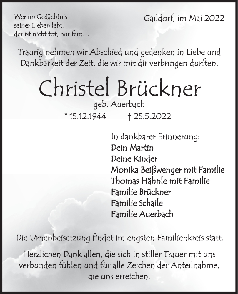  Traueranzeige für Christel Brückner vom 28.05.2022 aus Rundschau Gaildorf