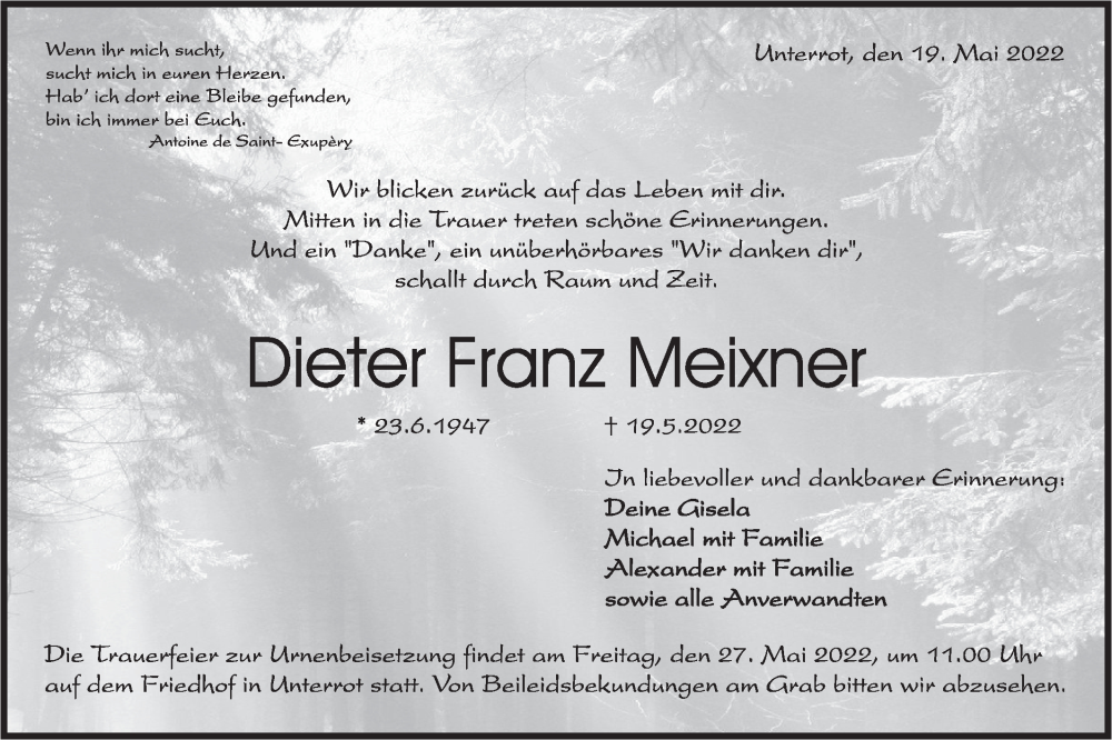  Traueranzeige für Dieter Franz Meixner vom 24.05.2022 aus Rundschau Gaildorf