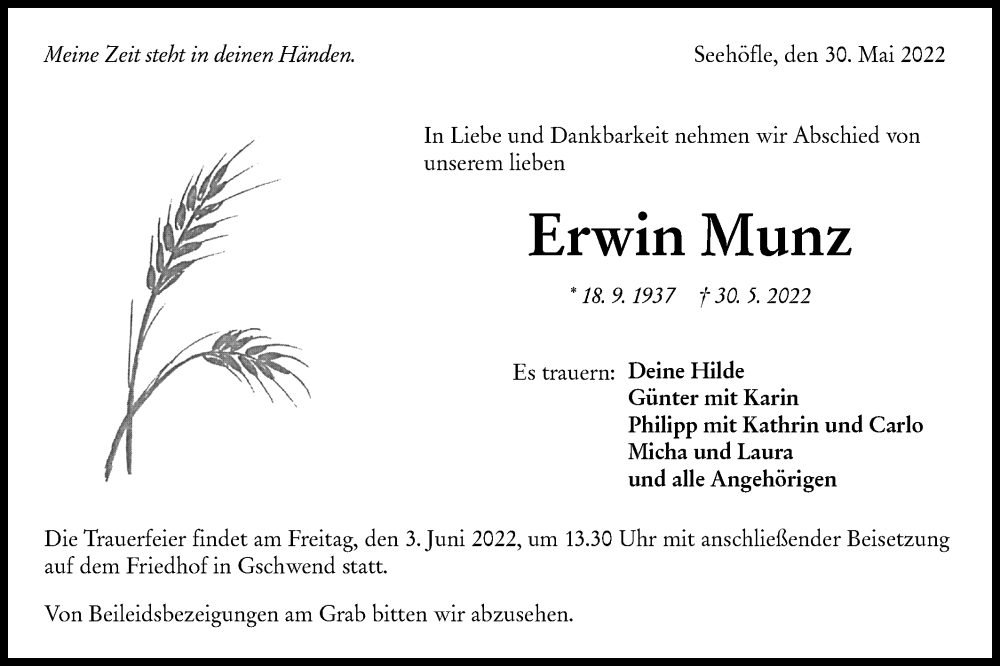  Traueranzeige für Erwin Munz vom 01.06.2022 aus Rundschau Gaildorf