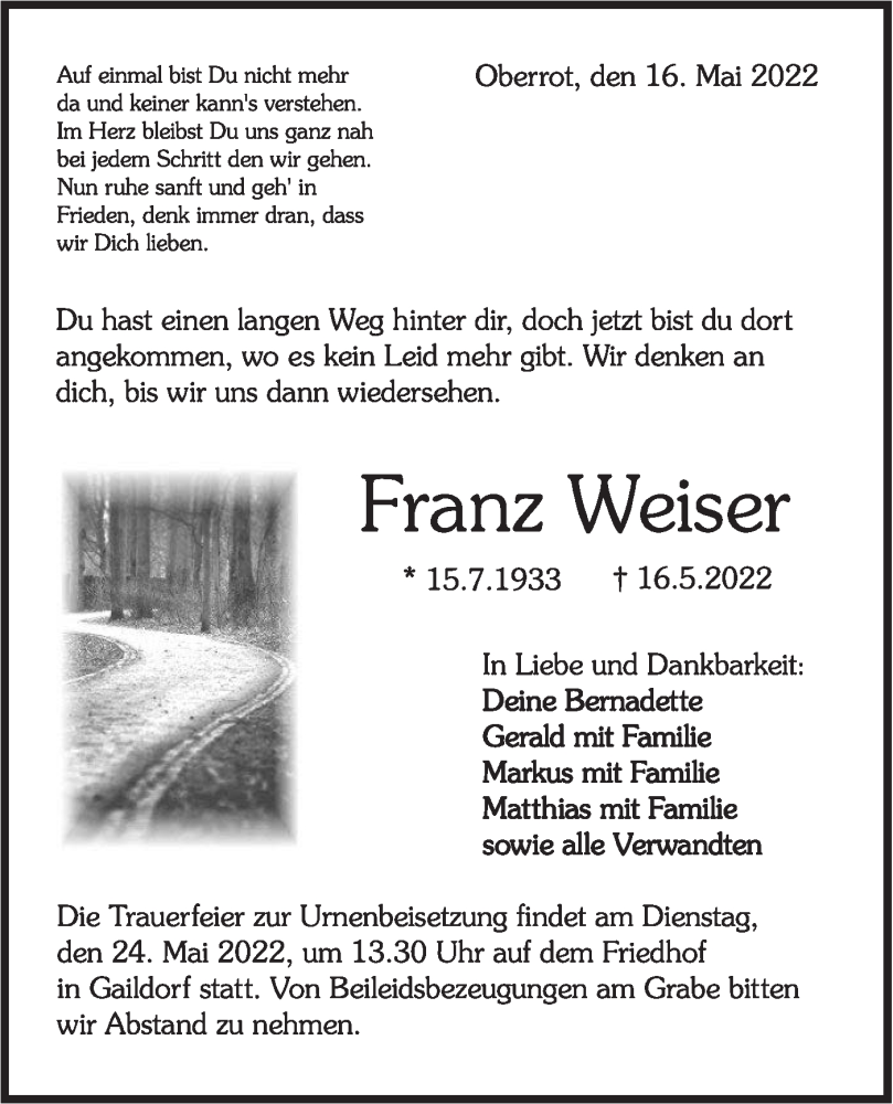  Traueranzeige für Franz Weiser vom 21.05.2022 aus Rundschau Gaildorf