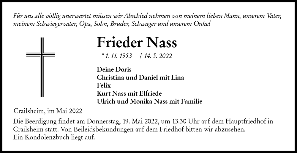  Traueranzeige für Frieder Nass vom 17.05.2022 aus Rundschau Gaildorf