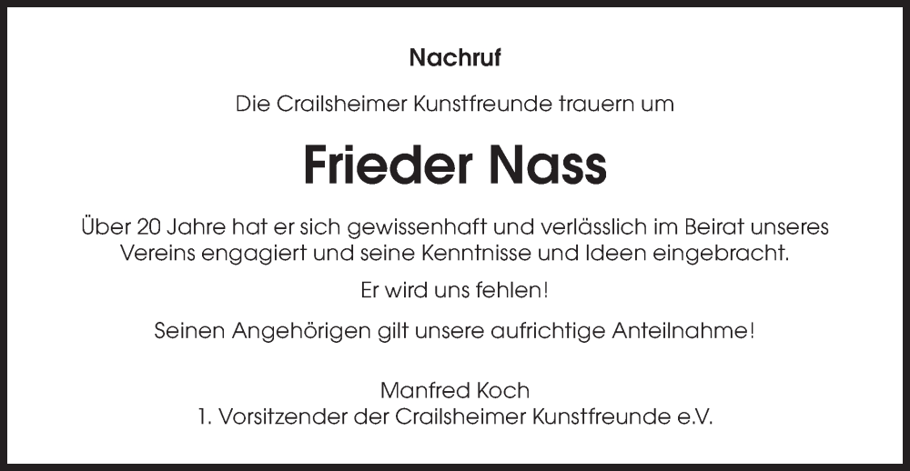  Traueranzeige für Frieder Nass vom 19.05.2022 aus Hohenloher Tagblatt