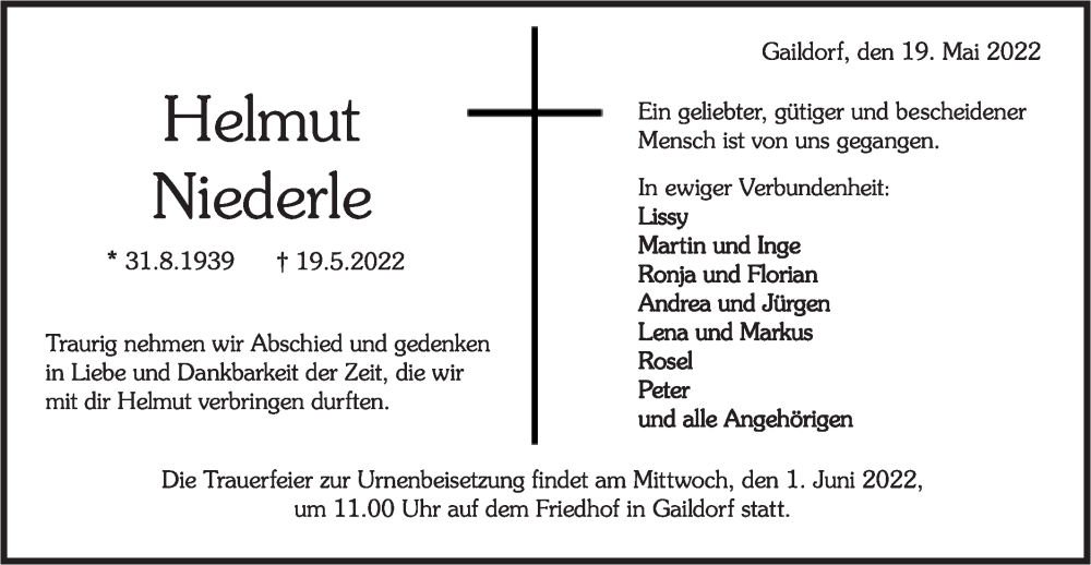  Traueranzeige für Helmut Niederle vom 30.05.2022 aus Rundschau Gaildorf