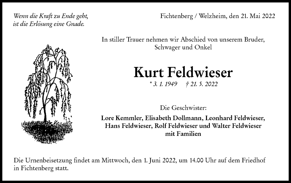  Traueranzeige für Kurt Feldwieser vom 30.05.2022 aus Rundschau Gaildorf