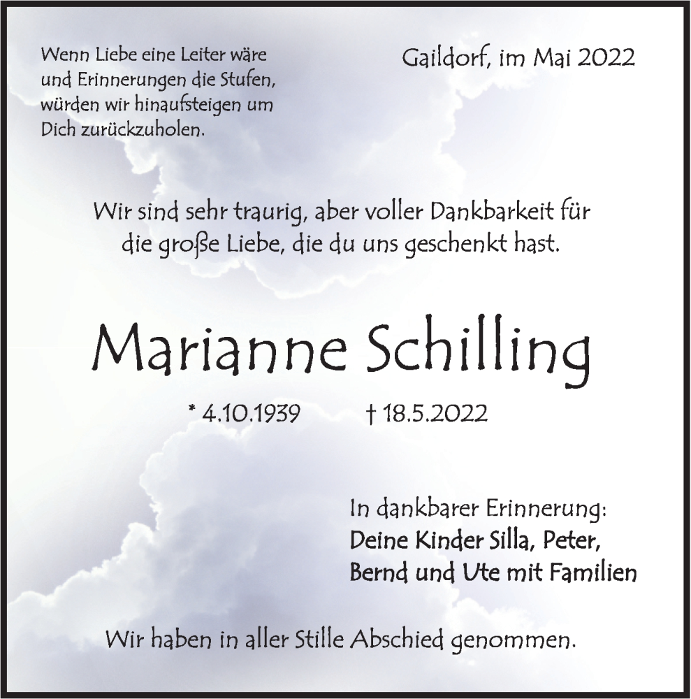  Traueranzeige für Marianne Schilling vom 24.05.2022 aus Rundschau Gaildorf
