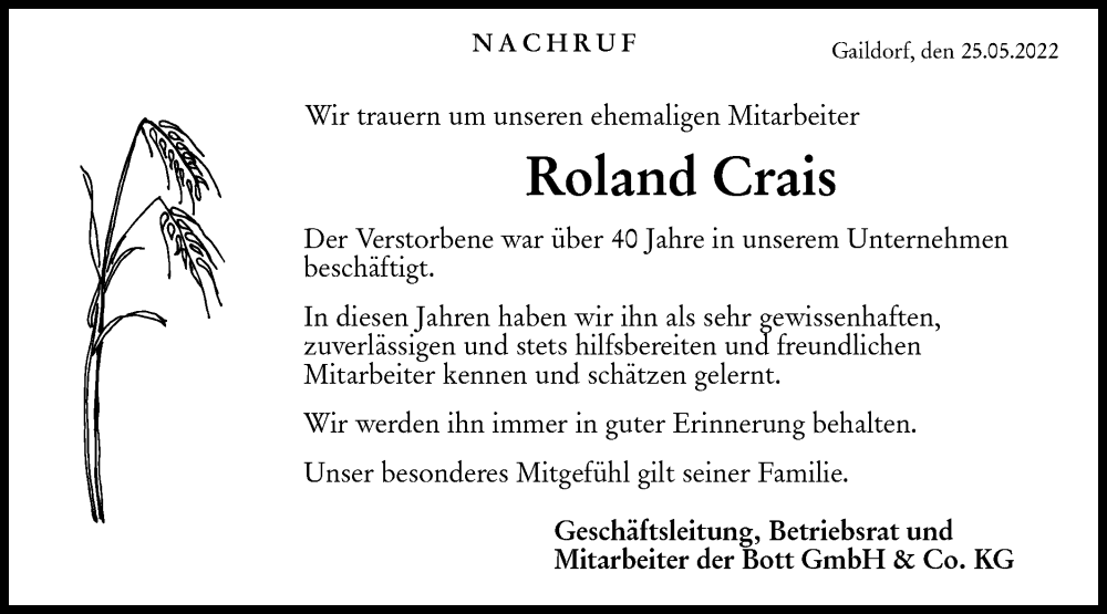  Traueranzeige für Roland Crais vom 25.05.2022 aus Rundschau Gaildorf