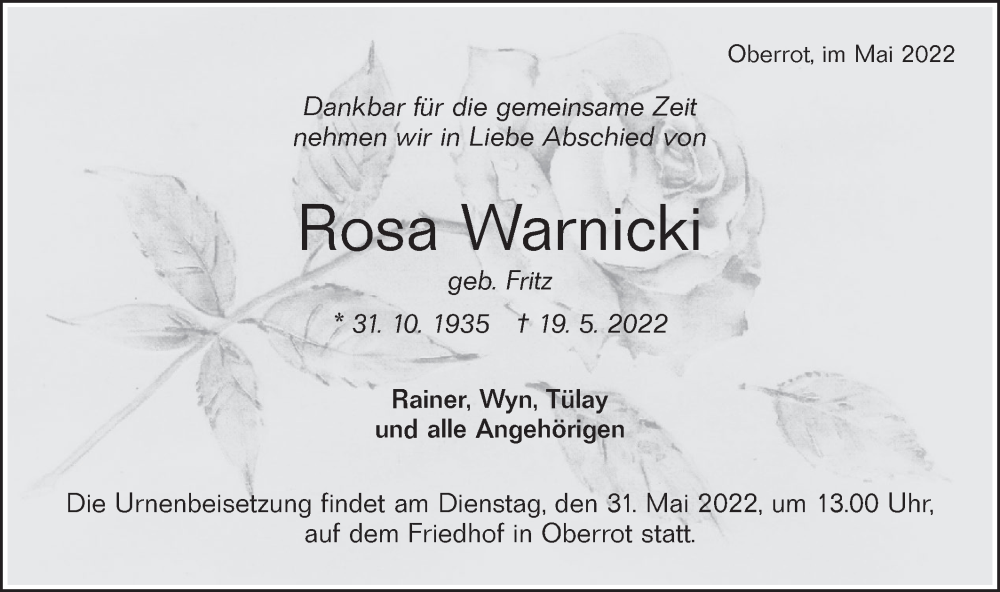 Traueranzeige für Rosa Warnicki vom 28.05.2022 aus Rundschau Gaildorf