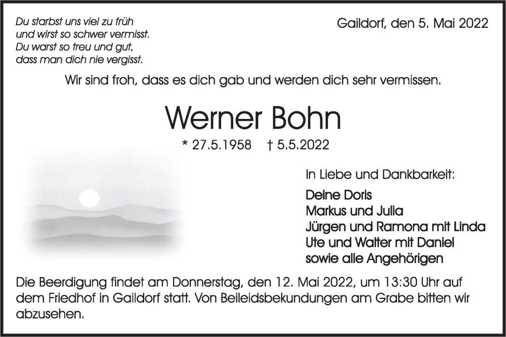  Traueranzeige für Werner Bohn vom 10.05.2022 aus Rundschau Gaildorf